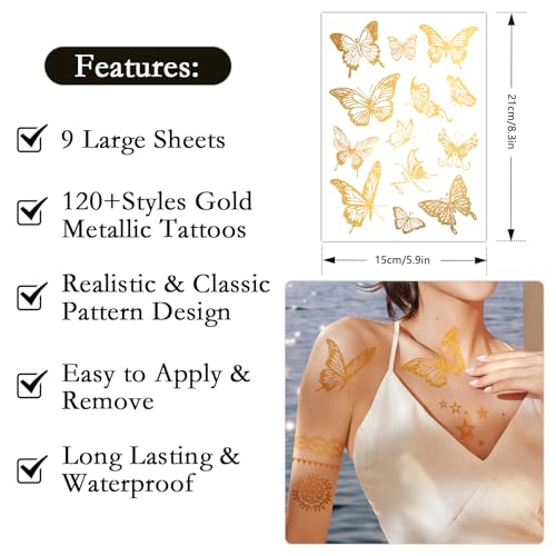 Konsait 9 Sheets Gold Metallic Temporary Tattoos for Women