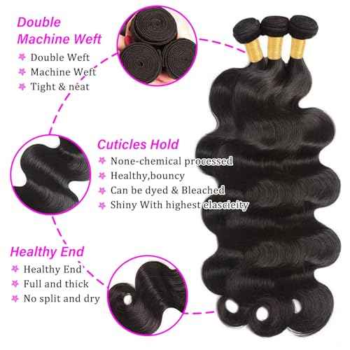 12A Human Hair Bundles 20 22 24 Inch Body Wave 3 Bundles Human Hair 100% Unprocessed Brazilian Virgin Hair Bundles Quick Weave Hair Extension Natural Black