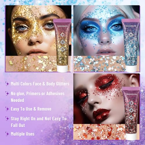 BADCOLOR Gold Blue Red Face Body Glitter Set, Holographic Shimmer Chunky Glitters for Hair Nails Eye Lips, Music Festival Concert Rave Accessories Party, Sparkling Mermaid Sequins Gel Makeup Kit