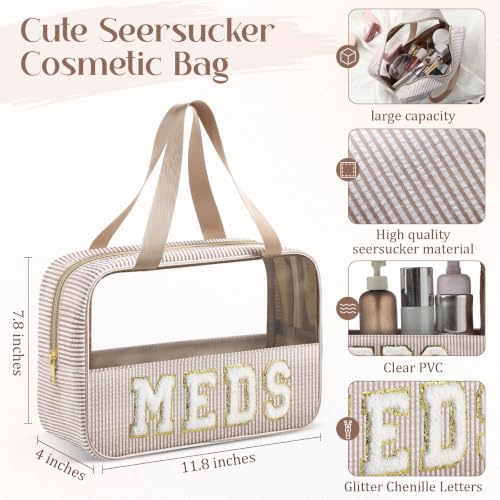 Seersucker Makeup Bag with Chenille Letter & Handle, 11.8"