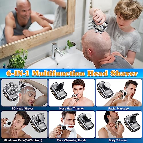 Head Shavers for Bald Men, Kisrioa 7D Head Shavers for Men, 6-in-1 Waterproof Bald Head Shavers Wet/Dry Electric Razor Mens Grooming Kit LED Display Rechargeable, with Wishes Card and Toiletry Bag