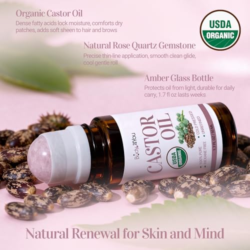 Castor Oil Roll On Eyelashes Eyebrows - 100% Pure Natural USDA Organic Cold Pressed - Hydrating Skin Hair Growth Oil Lashes - Non-GMO Hexane Free Unrefined - Natural Stone Roller Amber Glass 1.7 Fl Oz