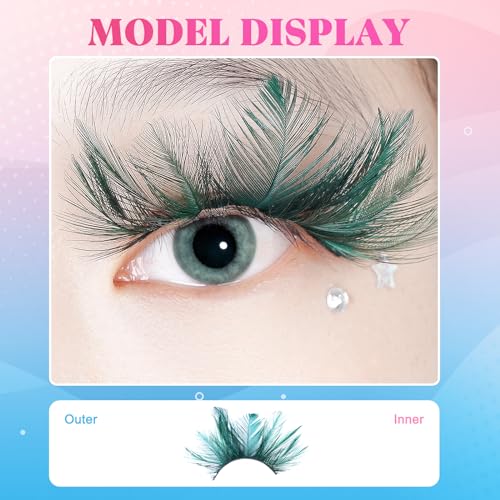 Halloween Feather Eyelashes Cosplay, AMilHiTon Faux Mink | Green Extra Long Feather Eyelashes for Dance Halloween Costume Parties Festivals