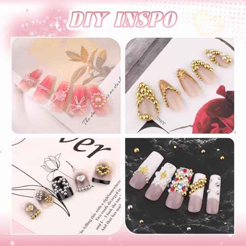 Flatback Nail Pearls Gems, Half Round Silver and Gold Nail Charms Beads and White Beige Pearls for Nails with Pickup Pencil and Tweezers, Pearl Nail Charm Rhinestones for Crafting Face Hair Manicure