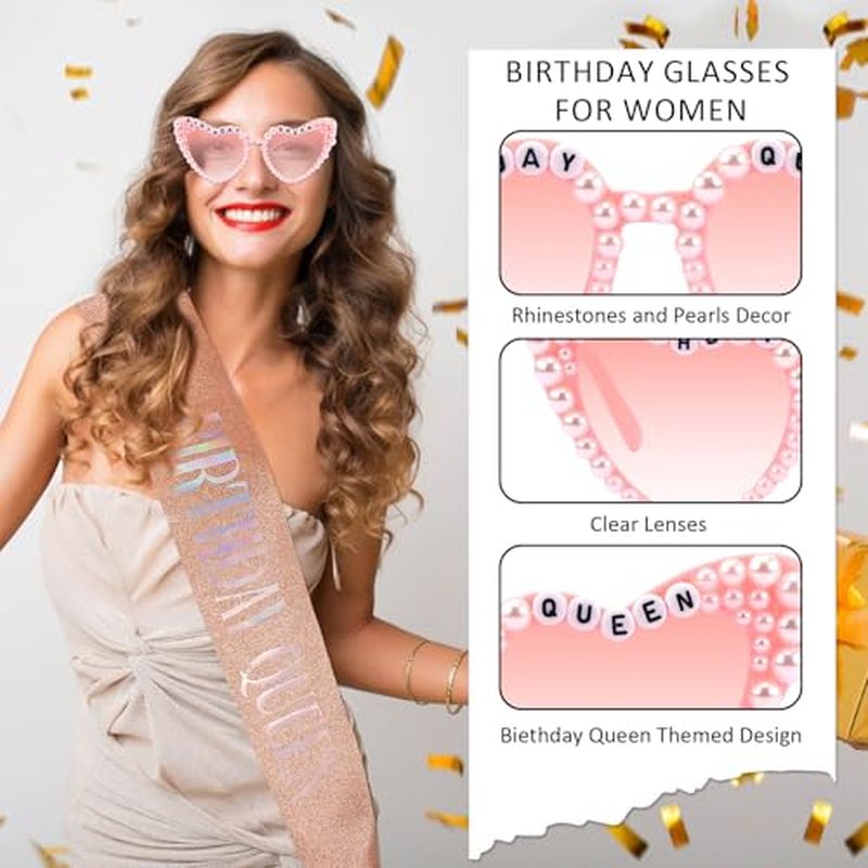 Birthday Queen Sash with Glasses - Rose Gold & Pink