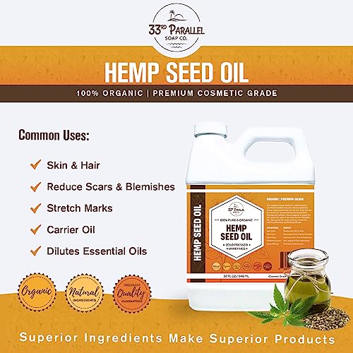 Organic Hemp Seed Oil (8 oz) Premium Cold Pressed Unrefined | 100% Pure Hemp Seed Oil for Skin, Face, Hair, Soap Making, Massage | Carrier for Essential Oils | Available in Bulk | 8 FL OZ