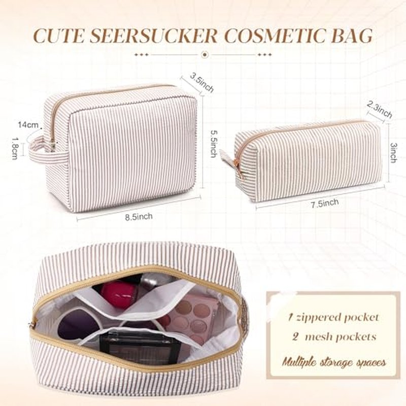 Sanwuta 2-Piece Seersucker Makeup Bag Set - Travel Toiletry Pouches