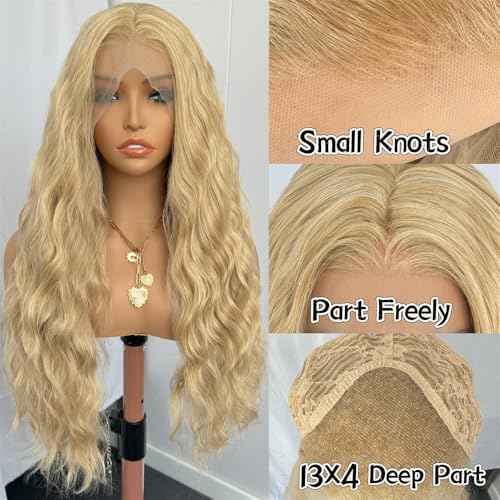 RDY Ash Blonde Long Body Wave Lace Front Synthetic Wig 24inch Mix Blonde Loose Wavy Lace Front Wigs for Women Heat Fiber Hair Half Hand Tied Cosplay Daily Use Wig
