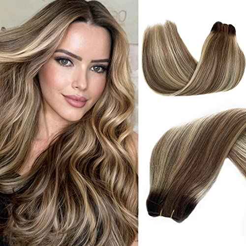 Hair Wefts Extensions Sew in Remy Hair Double Weft Human Hair Weave Brown Roots to Ash Brown with Bleach Blonde Highlights Sew in Human Hair Extensions 20 inch 100g for Women