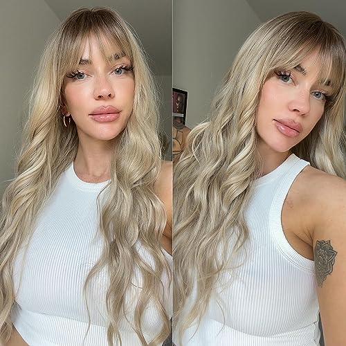 KOME Ombre Dirty Blonde Wigs with Bangs,Ash Blonde Long Wavy Wig for Women,Long Curly Synthetic Hair Wig for Party Daily Use 24IN