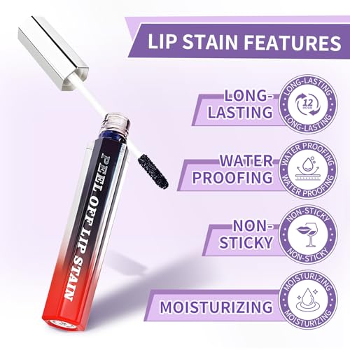 CAHIUYOA 5PCS Lip Stain Peel Off Lip Liner Stain,Matte Lip Tint Stain Peel Off Liquid Lipstick Long Lasting Waterproof Lipstain Makeup Set Gift for Women