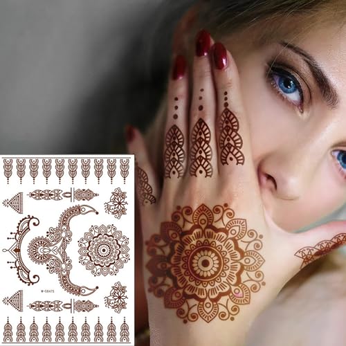 8 Sheets Temporary Tattoo Stickers Red Brown Fake Tattoo Lace Floral Temporary Waterproof Body Art Long Lasting Stickers Beach Festivals Wedding Party Decorations