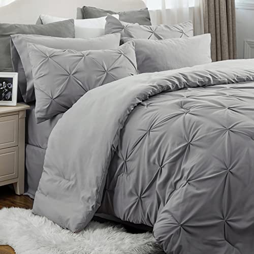 Bedsure Queen Comforter Set - Bed in a Bag Queen 7 Pieces, Pintuck Bedding Sets Grey Bed Set with Comforter, Sheets, Pillowcases & Shams