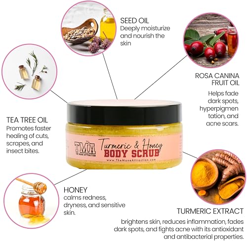 Turmeric Honey Body Scrub 8oz ? Exfoliating Scrub for Dark Spots, Hyperpigmentation & Ingrown Hairs ? Natural Brightening Face & Body Scrub with Tea Tree & Neem