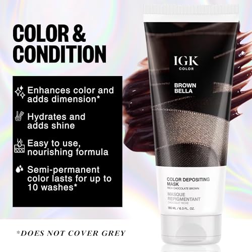IGK Brown Bella Color Depositing + Conditioning Hair Mask | Chocolate Brown - Brunette Espresso Tones | Hydrating Semi-Permanent Gloss Toner Treatment