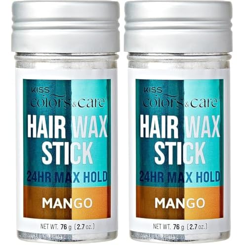 KISS COLORS & CARE 24 Hour Maximum Hold Edge Fixer Hair Wax Styling Stick, Non-Oily, Flake-Free, Biotin B7, Castor Oil, & Shea Butter Infused, Net Wt, 76g (2.7 oz.) - Mango Scent (Pack of 2)