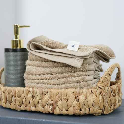 Tens Towels Pack of 12 Washcloths, 12 x 12 Inches, Lighter Weight, Quick to Dry, Super Soft & Absorbent, Gentle Face Towels, Hotel Quality, Perfect for Bathroom, Gym, Spa (Beige, 12 Pack)