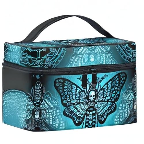 Makeup Bags, Gothic Blue Skull Moth Butterfly Makeup Organizer Bags Toiletry Bag Box Travel Cosmetic Bag Make Up Train Case for Women Teen Girl Ladies