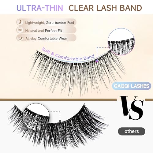 GAQQI Natural Wispy False Eyelashes C-907 - Thin Clear Band, Reusable 7 Pairs