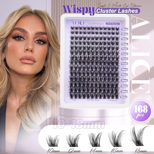 ALICE Lash Clusters Wispy Eyelash Clusters 10-18mm 168pcs Cluster Eyelash Extensions Natural Volume Lash Extensions DIY Individual Lashes Clusters with Soft Thin Band