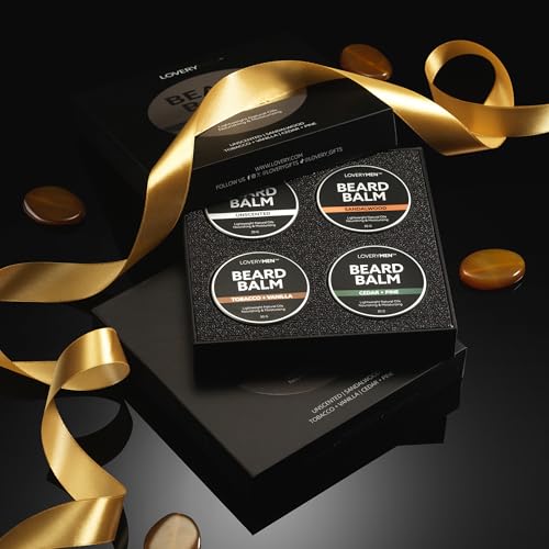 LOVERY Beard Balm for Men, Gift Set in Unscented, Sandalwood, Tobacco Vanilla, Cedar Pine Fragrances, All-Natural Wax, Cream Softener Butter, 4 Pack