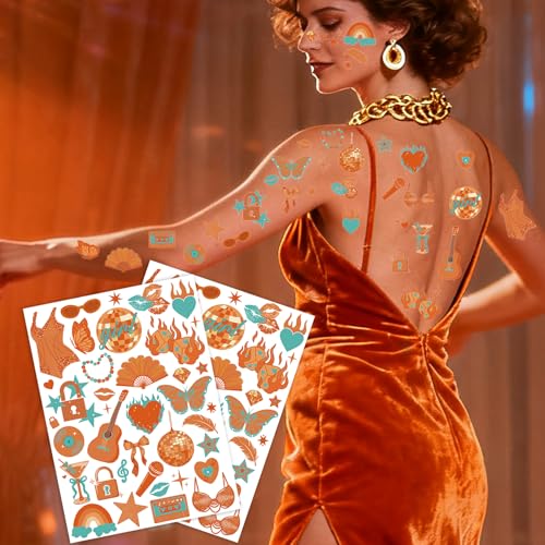Orange Showgirl Temporary Tattoos - 2 PCS Iridescent Showgirl Body Stickers for Bachelorette, Girls¡¯ Night, Birthday, Showgirl Theme Decorations