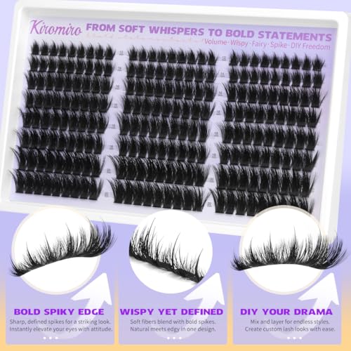 Kiromiro Lash Clusters Kit Cluster Eyelash Extensions 12-20mm Volume Individual Lash Clusters with Spikes 216pcs DIY Lash Extensions Kit Fluffy Manga Cluster Lashes Kit