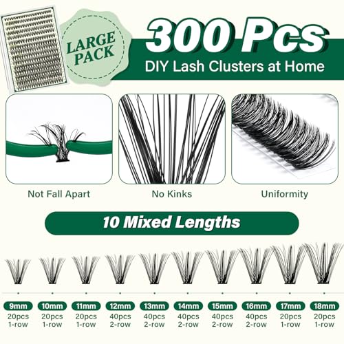 KEYYOU Lash Extension Kit DIY 300Pcs Lash Clusters Kit 40D 0.07 D Curl 9-18MIX Eyelash Extension Kit Individual Lashes Kit with Lash Bond and Seal, Lash Tweezers and Remover for Self Use