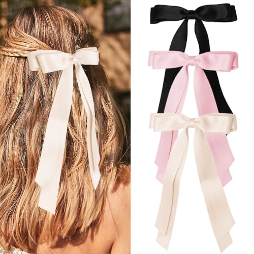 Bmobuo Hair Clip, 3Pcs Satin Bows for Hair Clips - Beige, Pink, Black Hair Ribbon Clips for Women and Girls, Romantic Hairstyles, Wide Applications