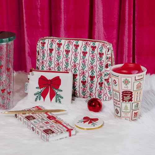 Martha Stewart Festive Quilted Makeup Bag, Compact Cosmetic Organizer for Women, Small Zipper Pouch with PVC Lining, 8.75" x 4" x 6" (Holiday Bow Stripe)
