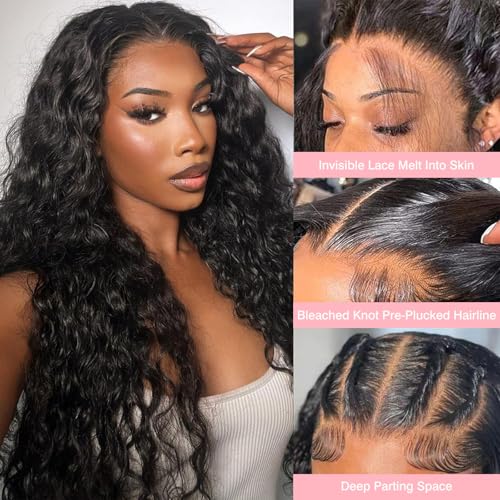 Nsvnsv 30 Inch Deep Wave Lace Front Wig Human Hair HD Full Lace Frontal Pre-Plucked Bleached Knots Natural Color