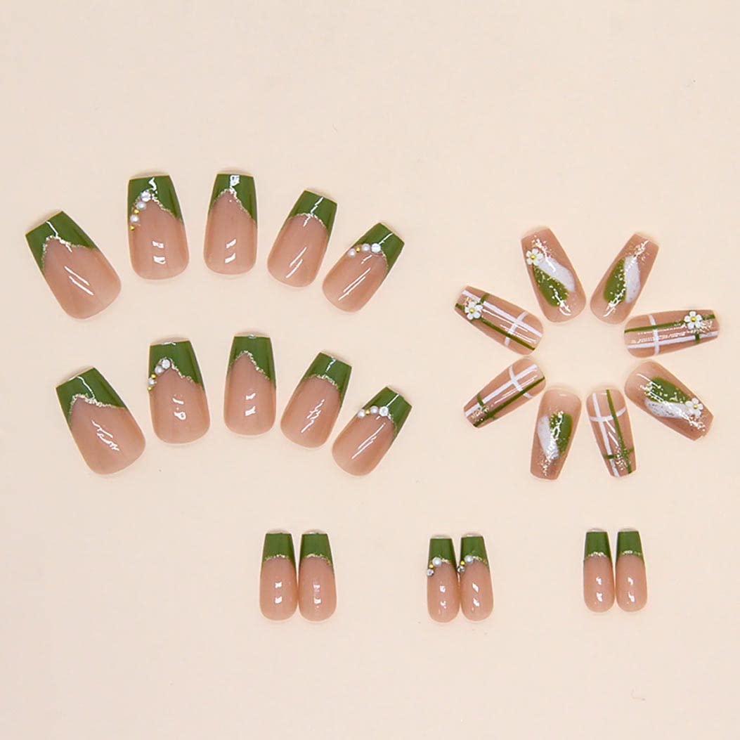 RikView French Tips Nails Medium Press on Nails Coffin Fake Nails Green Nails Glossy Full Cover Nails 24 PCS/Set