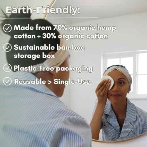 Reusable Hemp Cotton Rounds 15-Pack with Bamboo Storage Box ? Ultra-Soft Organic Face Pads for Makeup Removal, Skincare Accessories, and Eco-Friendly Beauty Essentials
