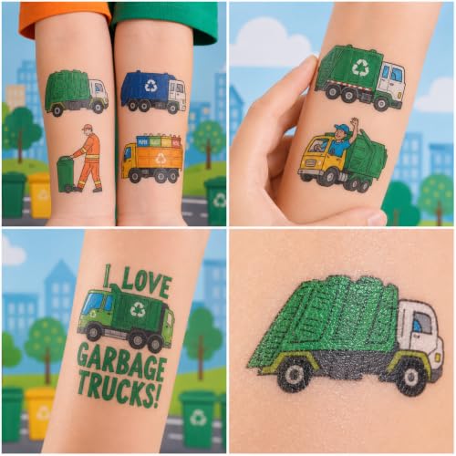 96PCS Garbage Truck Temporary Tattoos for Kids - Pre-Cut