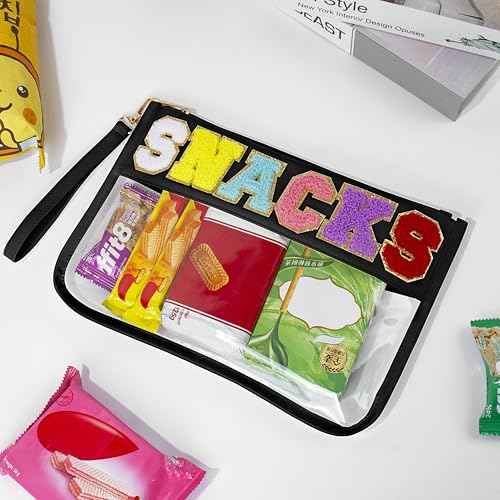 Snack Bag for Travel & Makeup - Clear Chenille Letter Zipper Pouch, Waterproof Cosmetic Tote Bag for Women & Girls (Black)