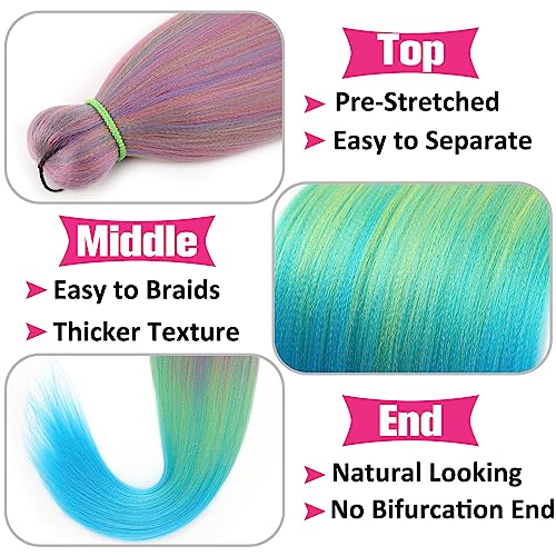 Unionbeauty 26 Inch 2 Packs Pre Stretched Braiding Hair Pink Light Green Blue Ombre Braiding Hair for Box Braids Yaki Texture Hot Water Setting Easy Braid Hair Extensions Synthetic Braiding Hair