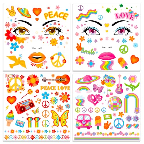 Hippie Face Tattoos - 4 Pack Temporary Tattoo Stickers