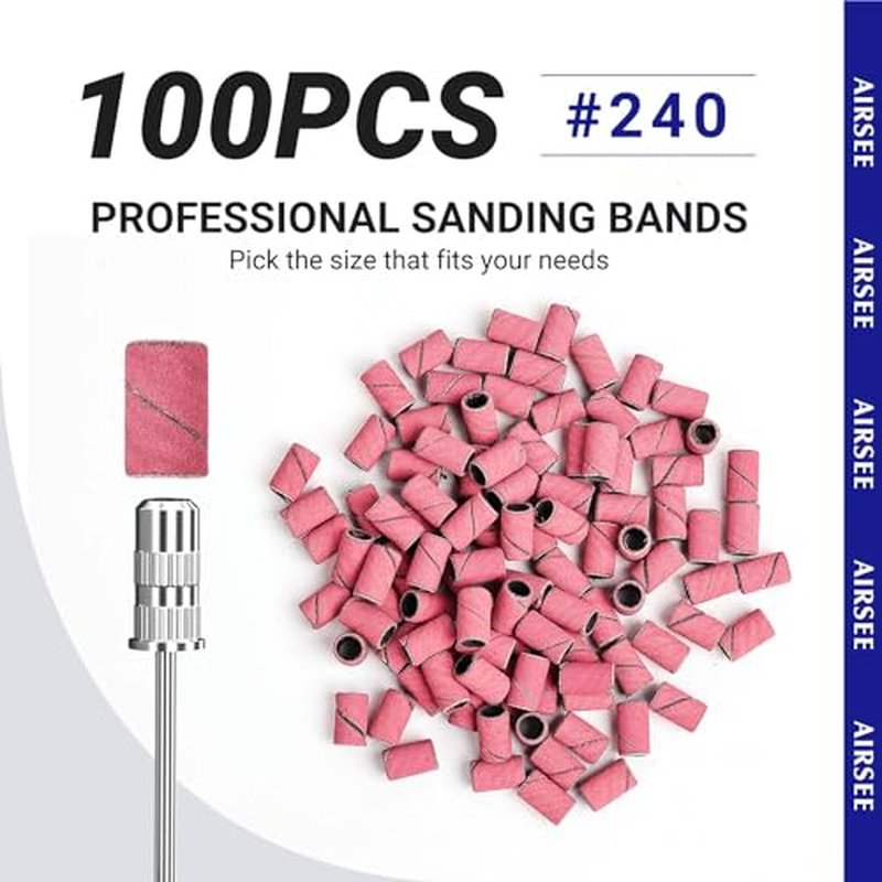 AIRSEE 100-Piece Nail Sanding Bands Set - 240 Grit Fine for Nail Drill
