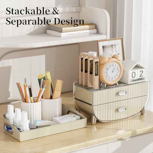 LAMU Makeup Organizer With 2 Drawers, Bathroom Storage With Four Non-Slip Feet And Dust-Proof, Simple And Stylish For Desktop, Vanity, Bathroom Countertops, White, Ideal Christmas Gifts for Girls