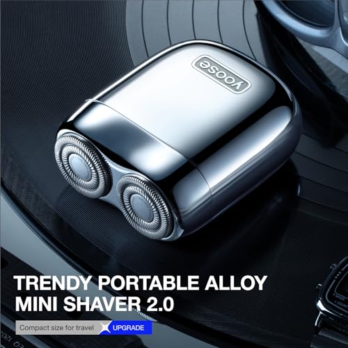yoose Alloy Mini Shaver, Portable Electric Razor for Men, Waterproof, Dry Shave, Cordless 60 Mins Runtime, USB-C Rechargeable, Easy Cleaning Magnetic Detachable Head, Travel Shaver with Case, Silver