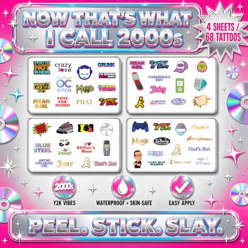 Y2K Temporary Tattoos - 4 Sheets Waterproof 2000s Party Favors