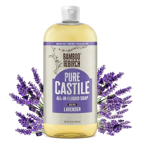 BAMBOO AND BIRCH Pure Castile Soap Liquid Organic, Certified Palm Oil Free Natural Soap, Lavender, 32 oz