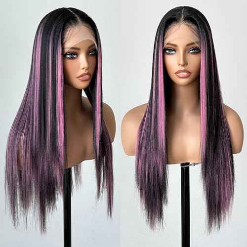X-TRESS Highlight Pink and Black Wig 13x4x1 HD Lace Front Wigs Pre-plucked with Baby Hair 26Inch Straight Synthetic for white Women black Pink Highlight T-part Lace Halloween Wigs