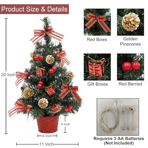 2PACK GRANDEAL 20 Inch Lighted Tabletop Mini Christmas Tree with Timer Artificial Small Christmas Tree with Lights Ornaments Bows Gifts Pinecones Basket Base Christmas Decorations Office Home Decor