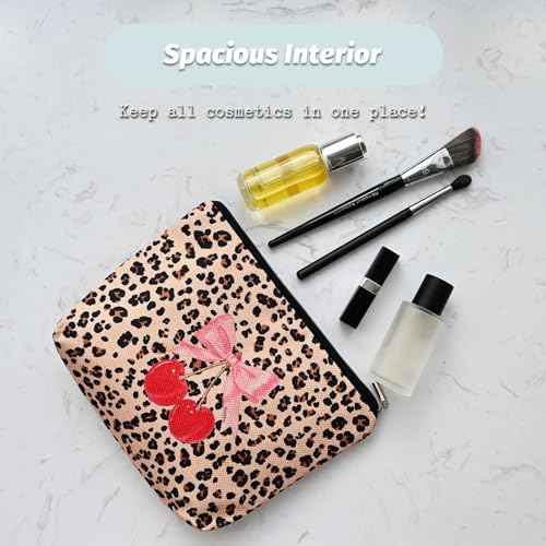 Leopard Print Cherry Makeup Bag,Cosmetic Bag for Women, Large Capacity Toiletry Bag,Zipper Pouch, Travel Accessories Storage with Lining