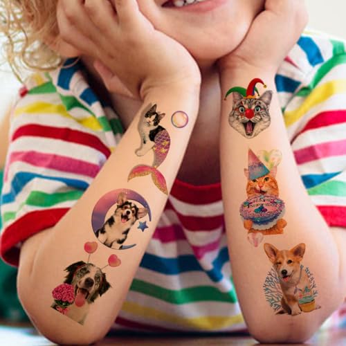 Funny Cat Dog Temporary Tattoos - 12 Sheets Cute Dog Cat Meme Tattoos for Kids Birthday Decorations Party Supplies, School Rewards Gifts Ideas for Girls Boys