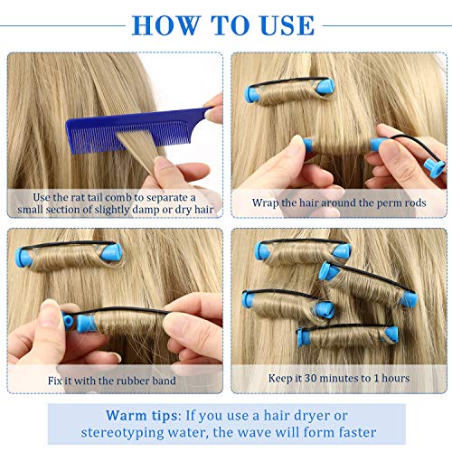Willbond 48 Pcs Perm Rods for Short Hair, 0.35 Inch, Blue & Dark Blue, Heatless Curling Rollers, DIY Hair Wave Tools