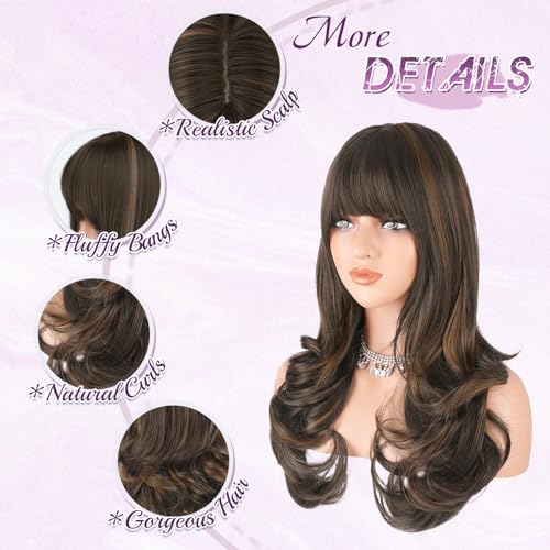 Brown Auburn Wavy Wig with Bangs 24 Inch