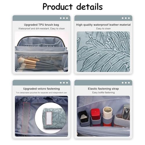BOYATU Travel Makeup Bags Cosmetic Organizer Bag: 3 Pcs Set Large Capacity Floral Make up Bag with Compartments - Waterproof Leather Toiletry Bags with Handle for Women (01-Light Blue)