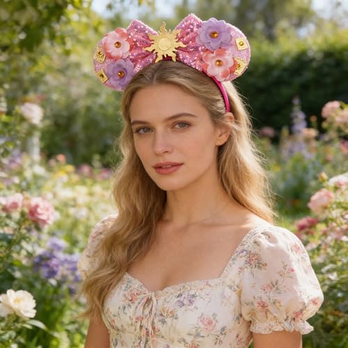 bianbaistar Pink Sun Flower Mouse Ears Headband with Sequin Bow – Stretchy Adult Headband